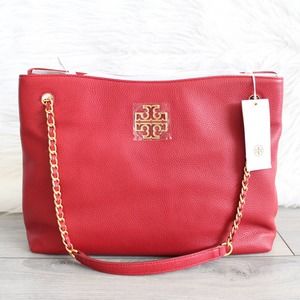 Tory Burch Red Britten Triple Compartment Pebbled Leather Tote